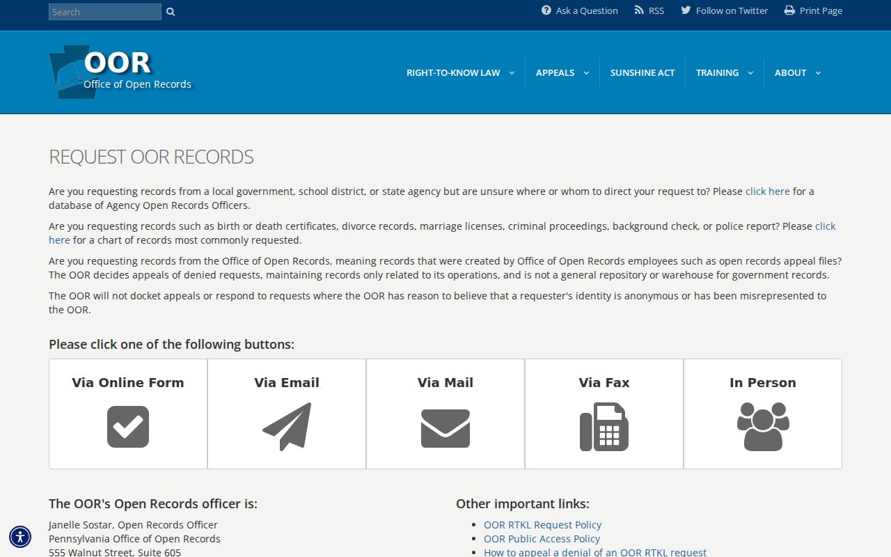 Pennsylvania arrest records official Right-to-Know request form