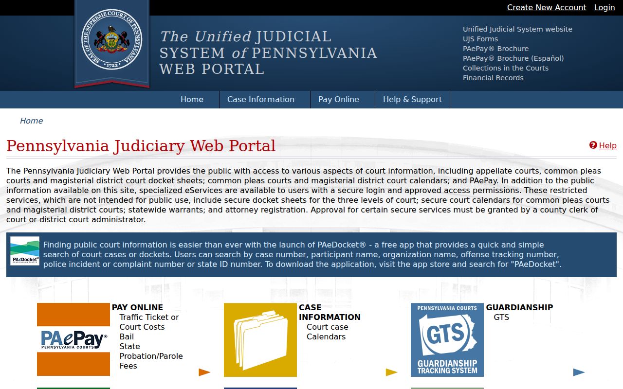 Pennsylvania court dockets Unified Judicial System portal