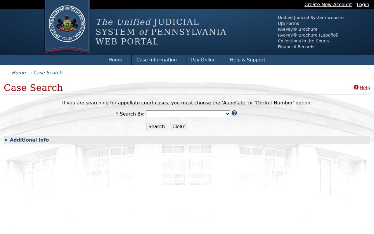 Pennsylvania court dockets statewide Case Search screen