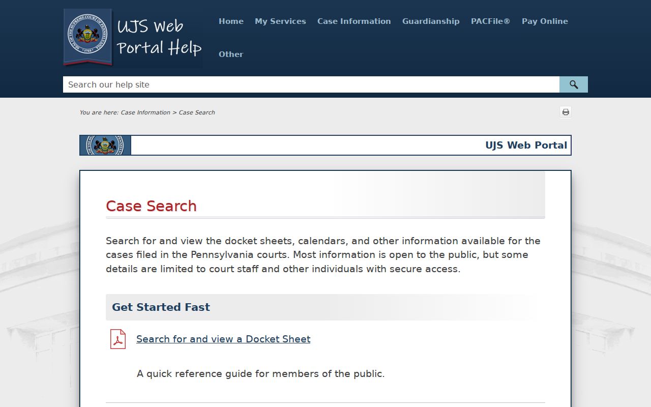 Pennsylvania court dockets official Case Search help