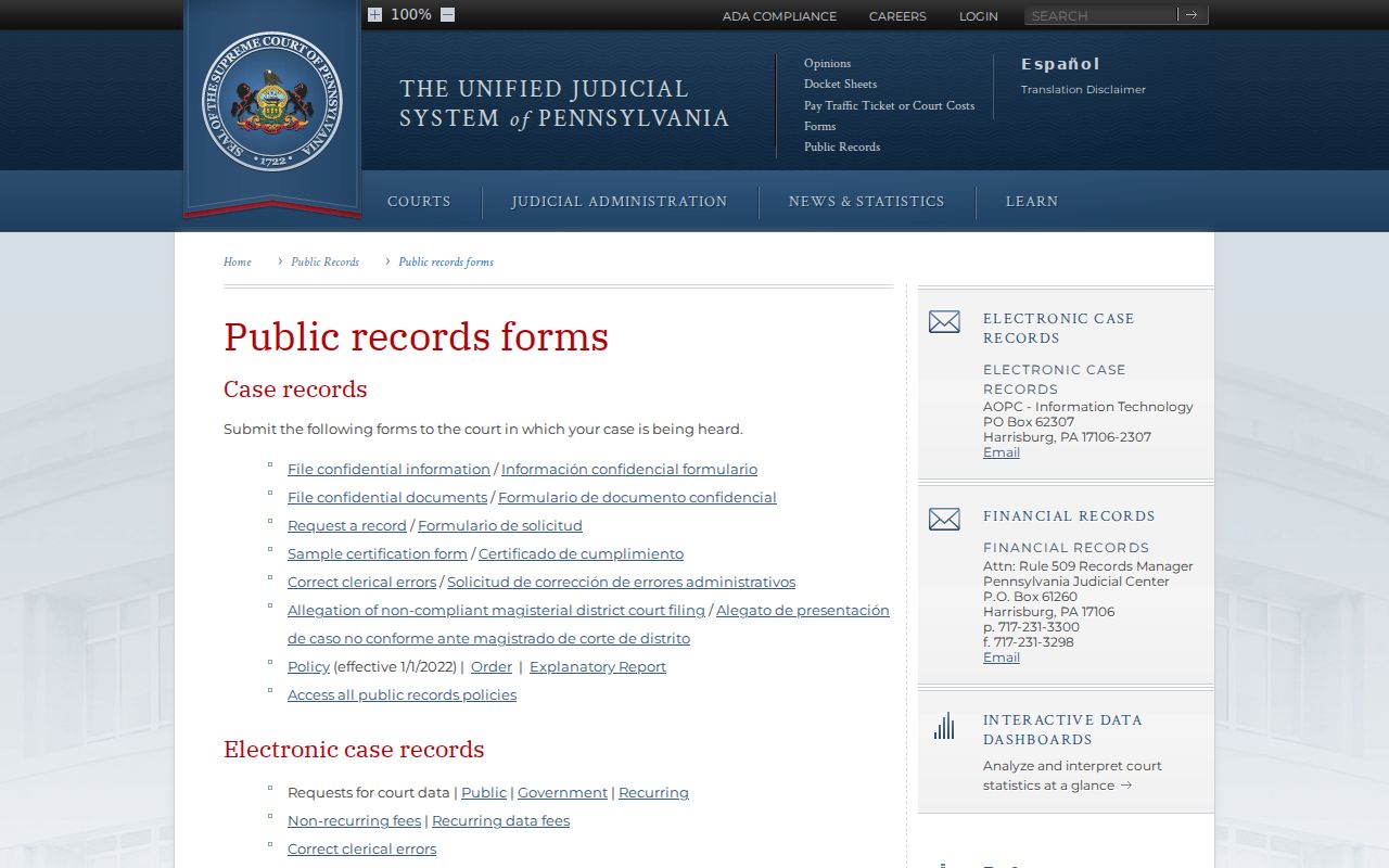 Pennsylvania court records request forms collection
