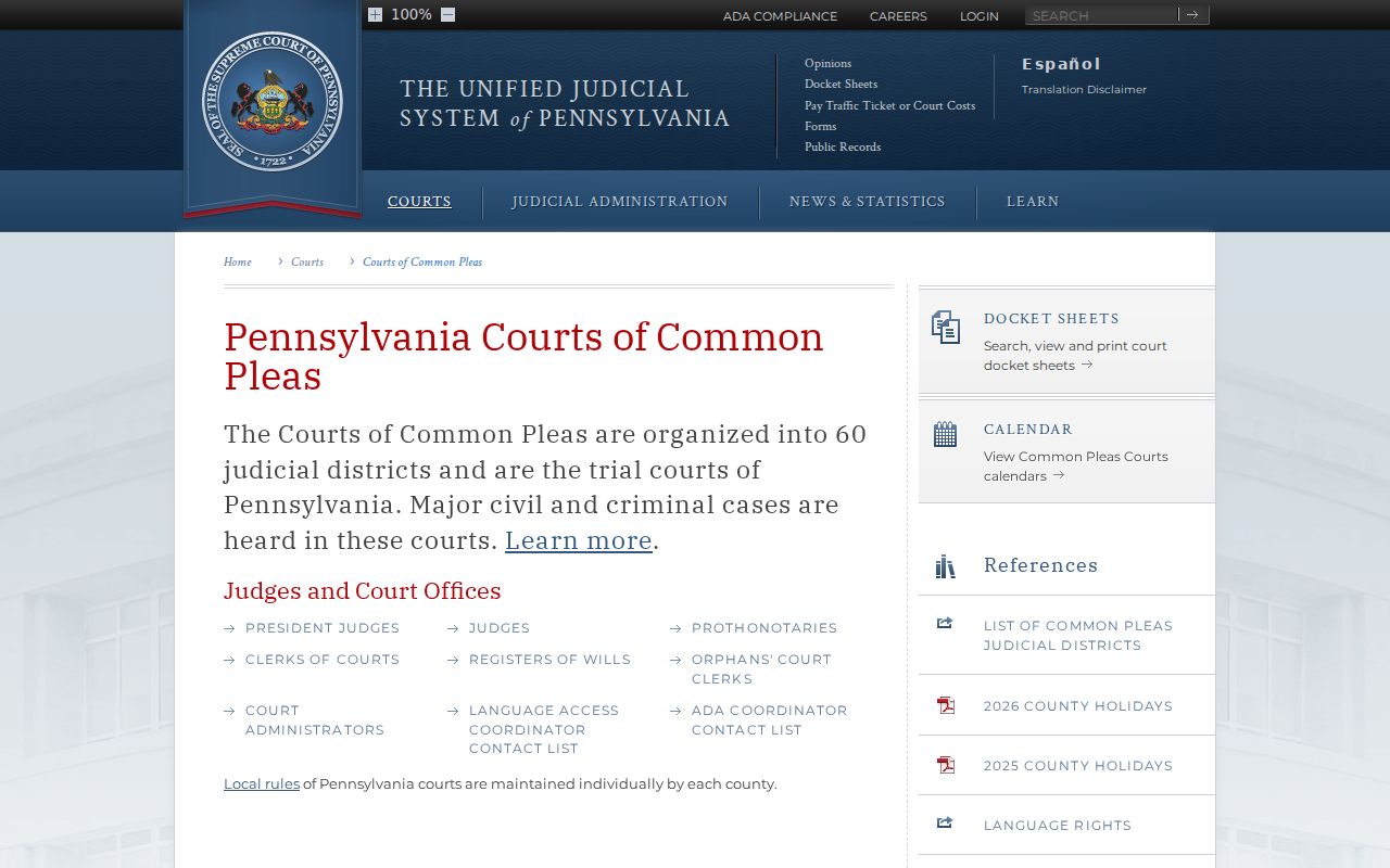 Pennsylvania court system Courts of Common Pleas directory