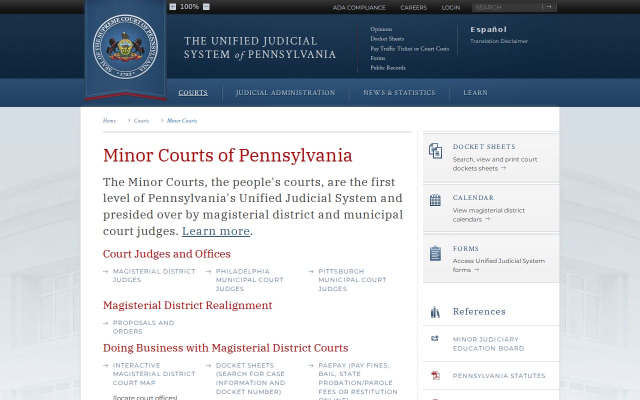Pennsylvania court system minor courts and MDJ directory