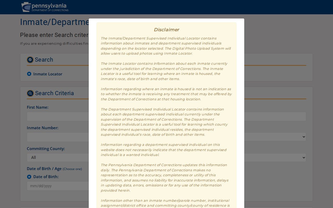 Pennsylvania inmate records DOC Inmate and Parolee Locator