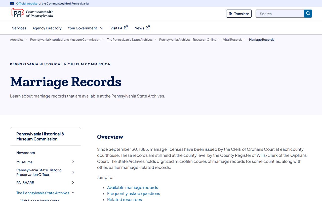Pennsylvania marriage records county custody and history